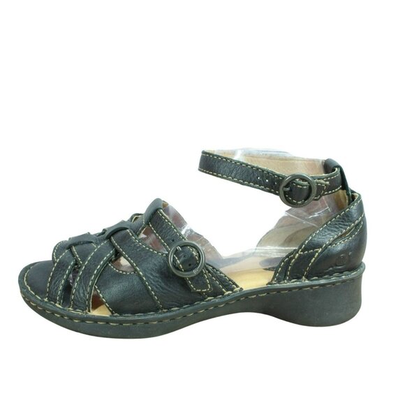 Born W 3473 Black Leather Platform Wedge Open Toe Cross Straps Buckle Size 9 - Picture 1 of 10